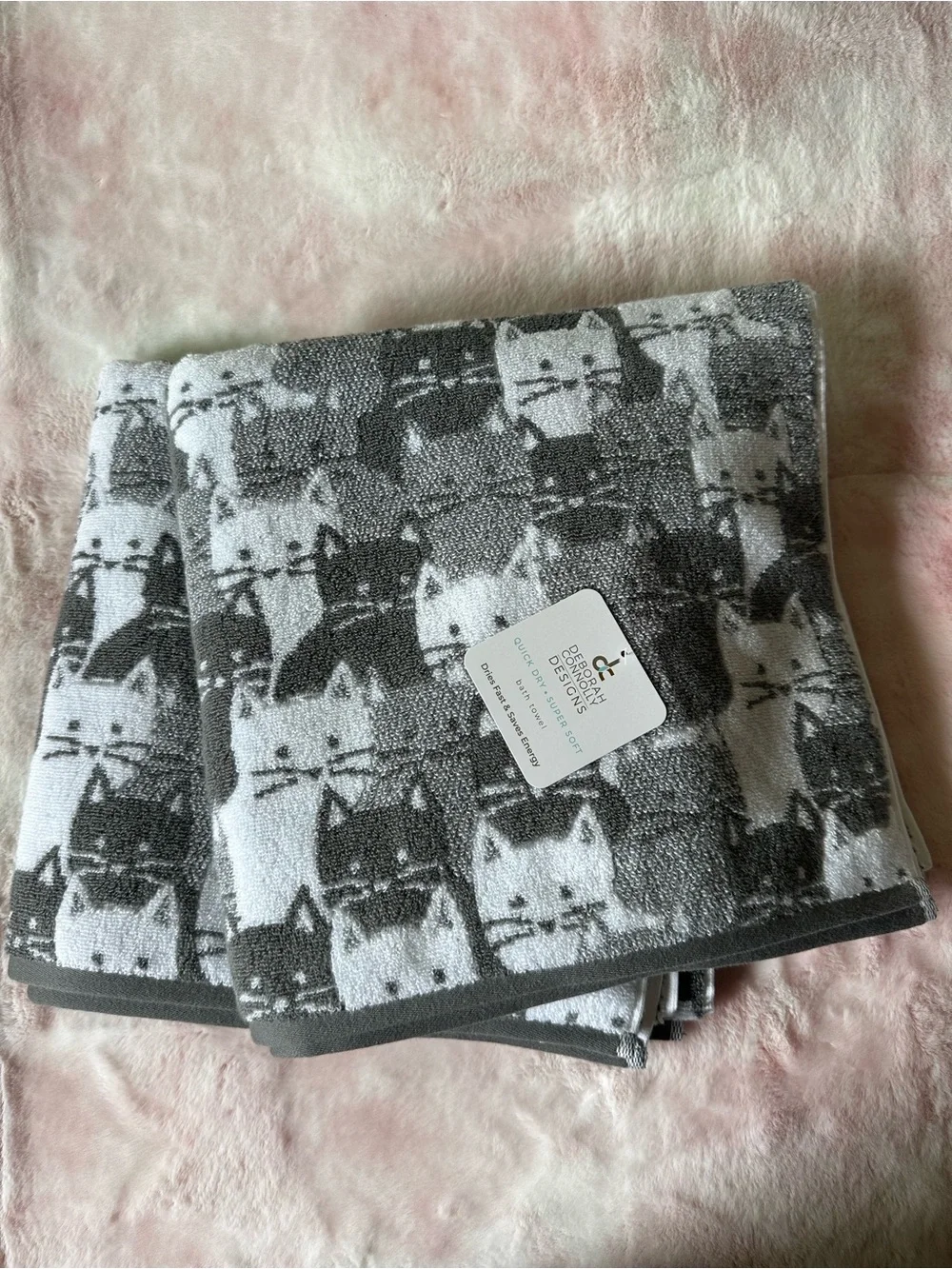 Gray Cat Print Set of 2 Bath Towels - Deborah Connolly Designs NWT